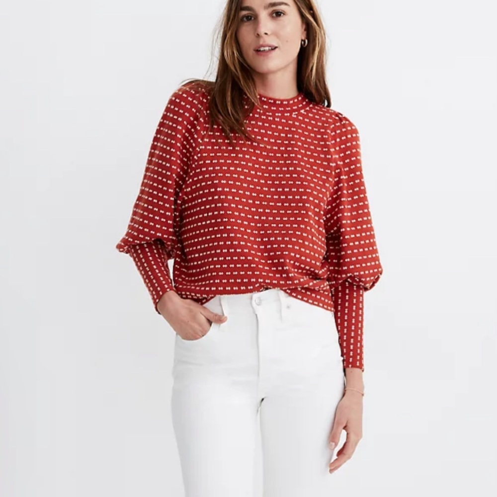 Madewell Puff-Sleeve Mockneck Top in Bow-Tie Jacquard
